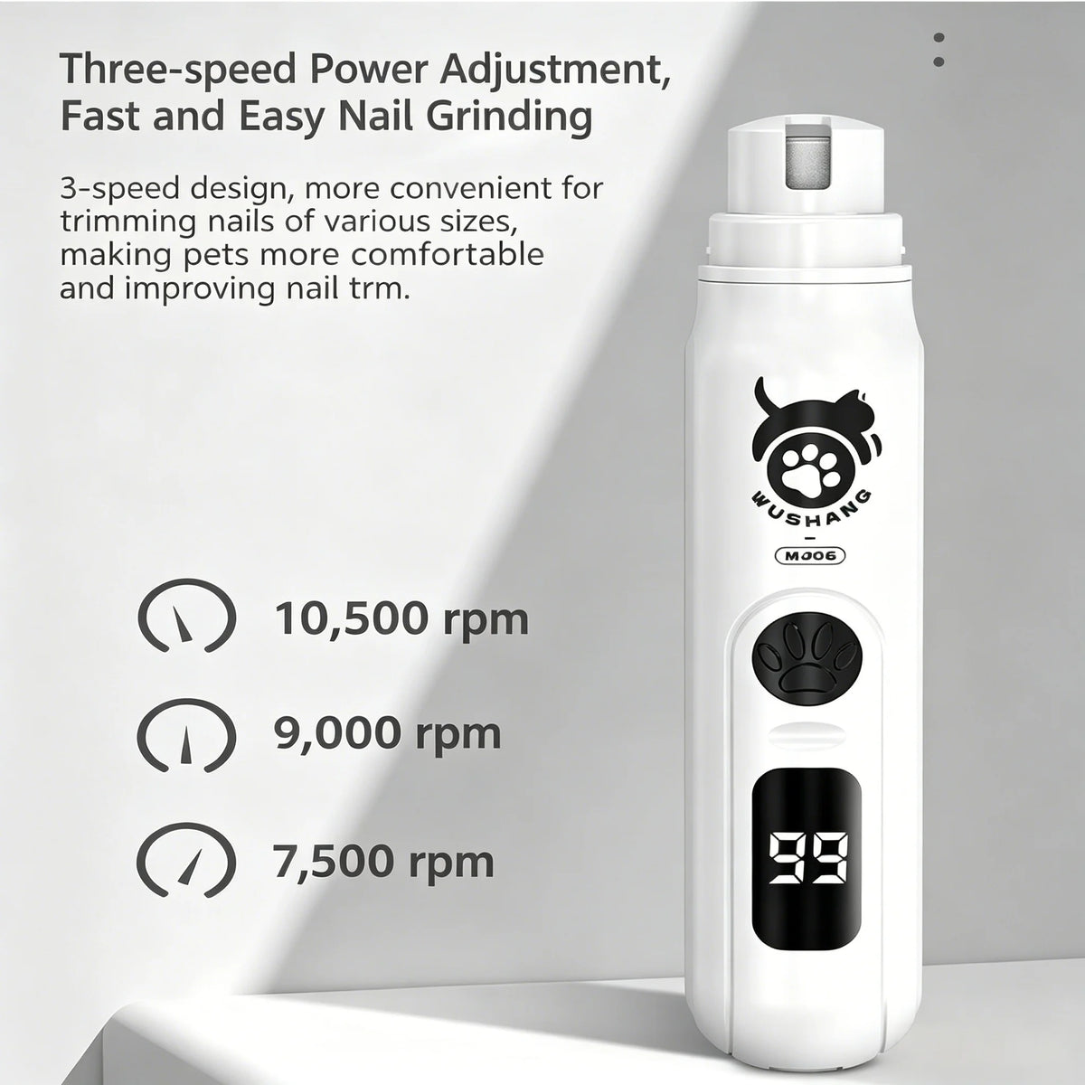 Intelligent LCD Display Pet Nail Polisher 3 Multi-Size Grinding Heads Fast Smooth Trimmer for Small & Large Pets Daily Grooming