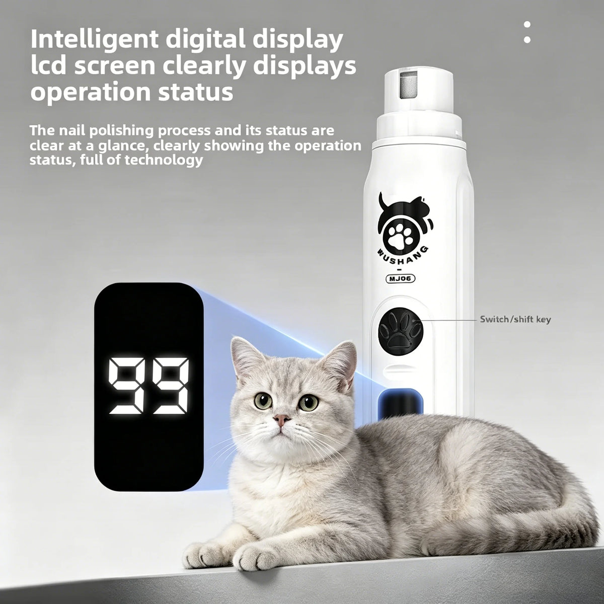 Intelligent LCD Display Pet Nail Polisher 3 Multi-Size Grinding Heads Fast Smooth Trimmer for Small & Large Pets Daily Grooming