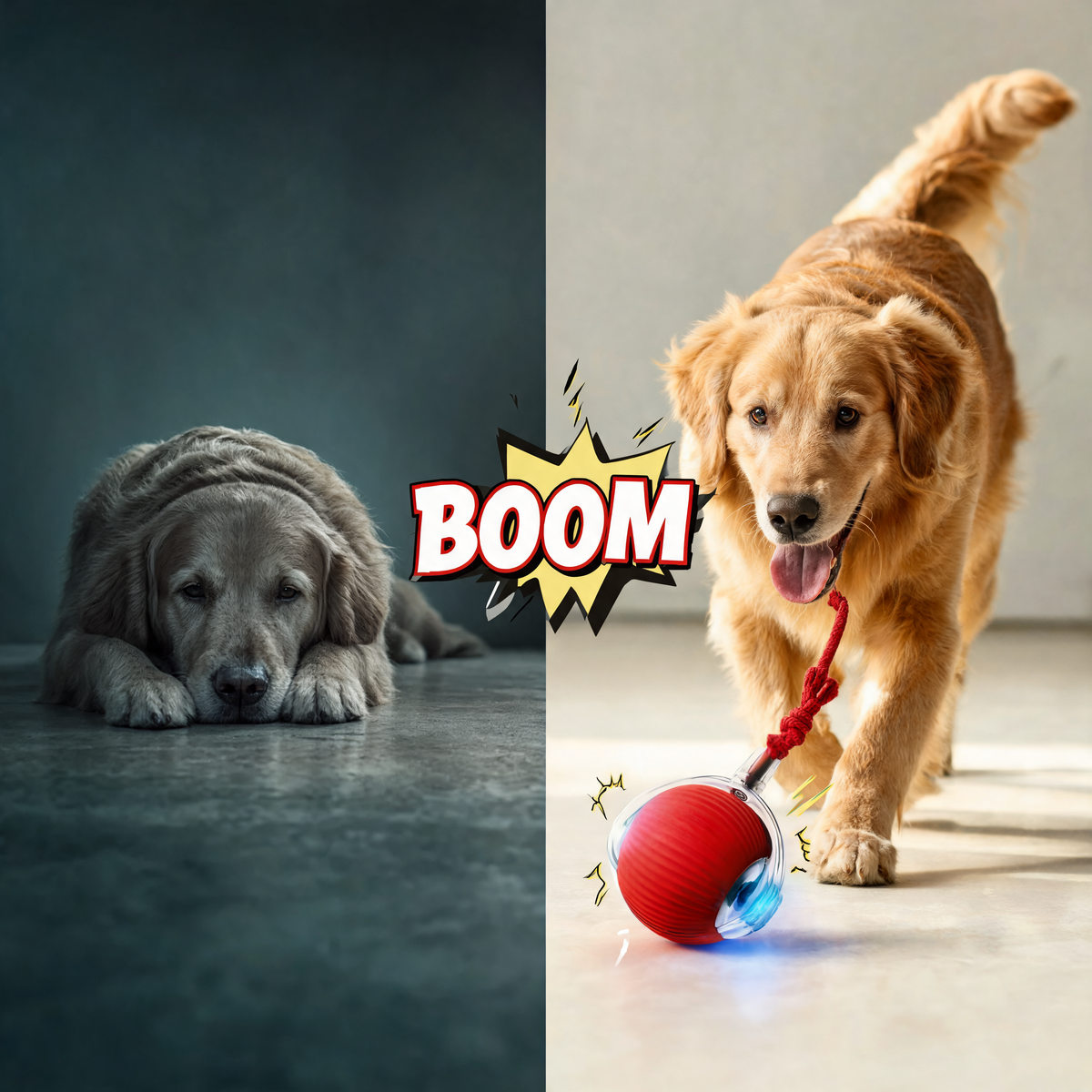 Golden retriever happily playing with the PawPlay interactive ball